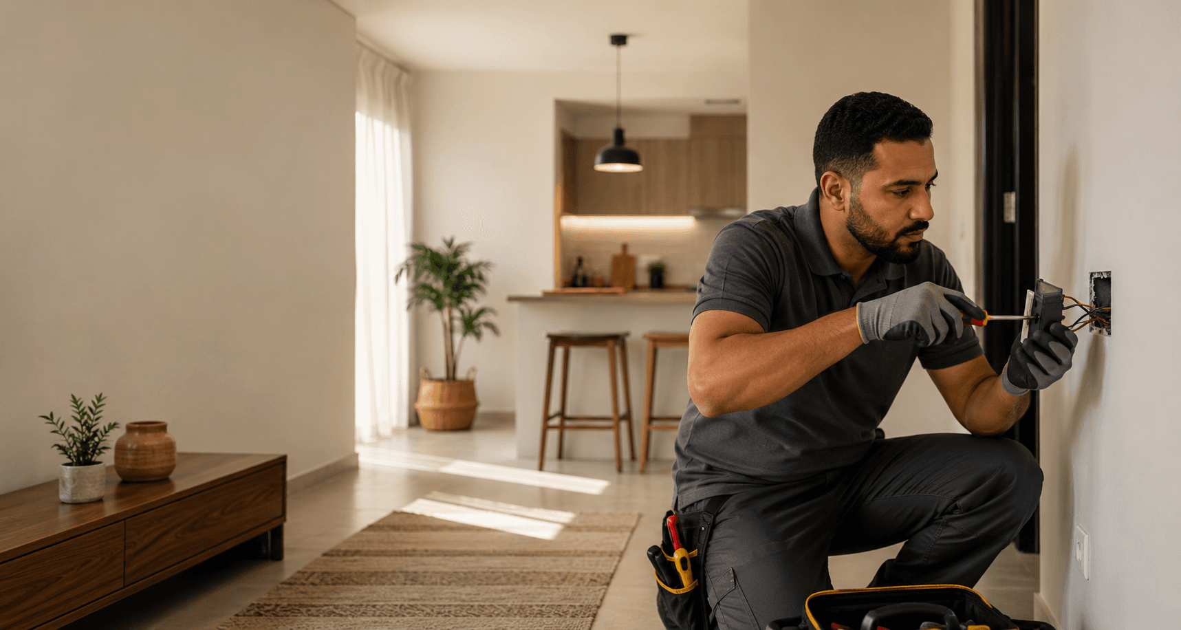 An electrician fitting a wall socket in a home.